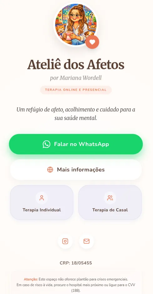 Página de links do Ateliê dos Afetos no celular
